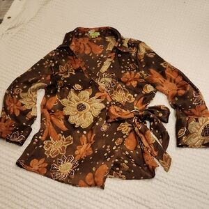 Agira Floral Wrap Blouse in Brown and Rust Sz MED